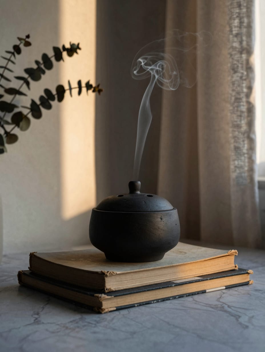 Matte black clay vases and a small incense burner on a dark floating shelf.