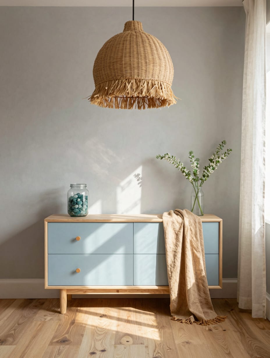 Jute rug and driftwood accents in a light, sun-bleached earthy bedroom.