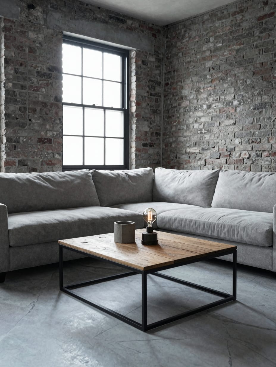 Eclectic living room with industrial elements like a metal shelf and exposed brick wall.