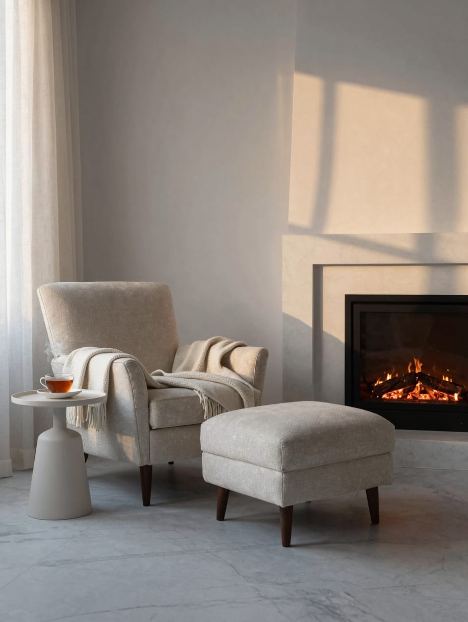 A cozy reading nook next to a fireplace, featuring a deep armchair, pillows, and a reading lamp.