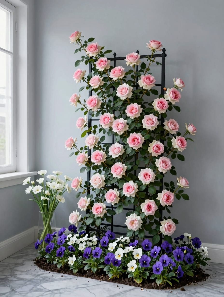 Climbing pink roses growing up a Victorian house gable with purple flowers at the base.