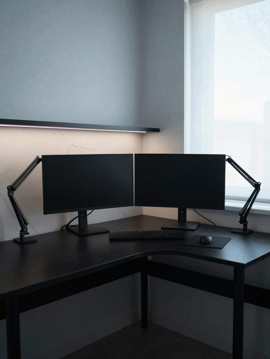 Large corner desk featuring a dual monitor setup, ergonomic chair, and ample desktop space for productivity.