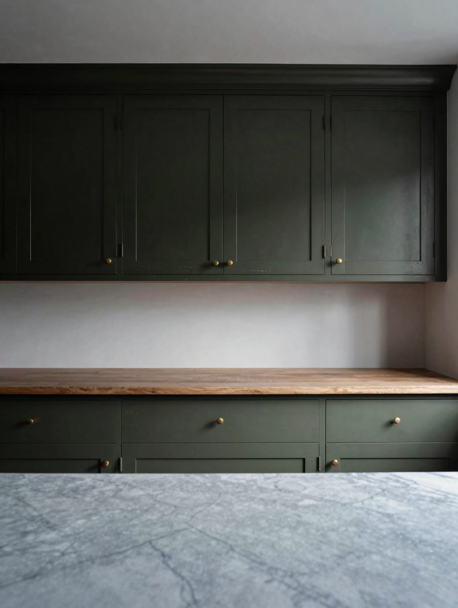 Kitchen with earthy olive green cabinets and a wooden butcher block countertop