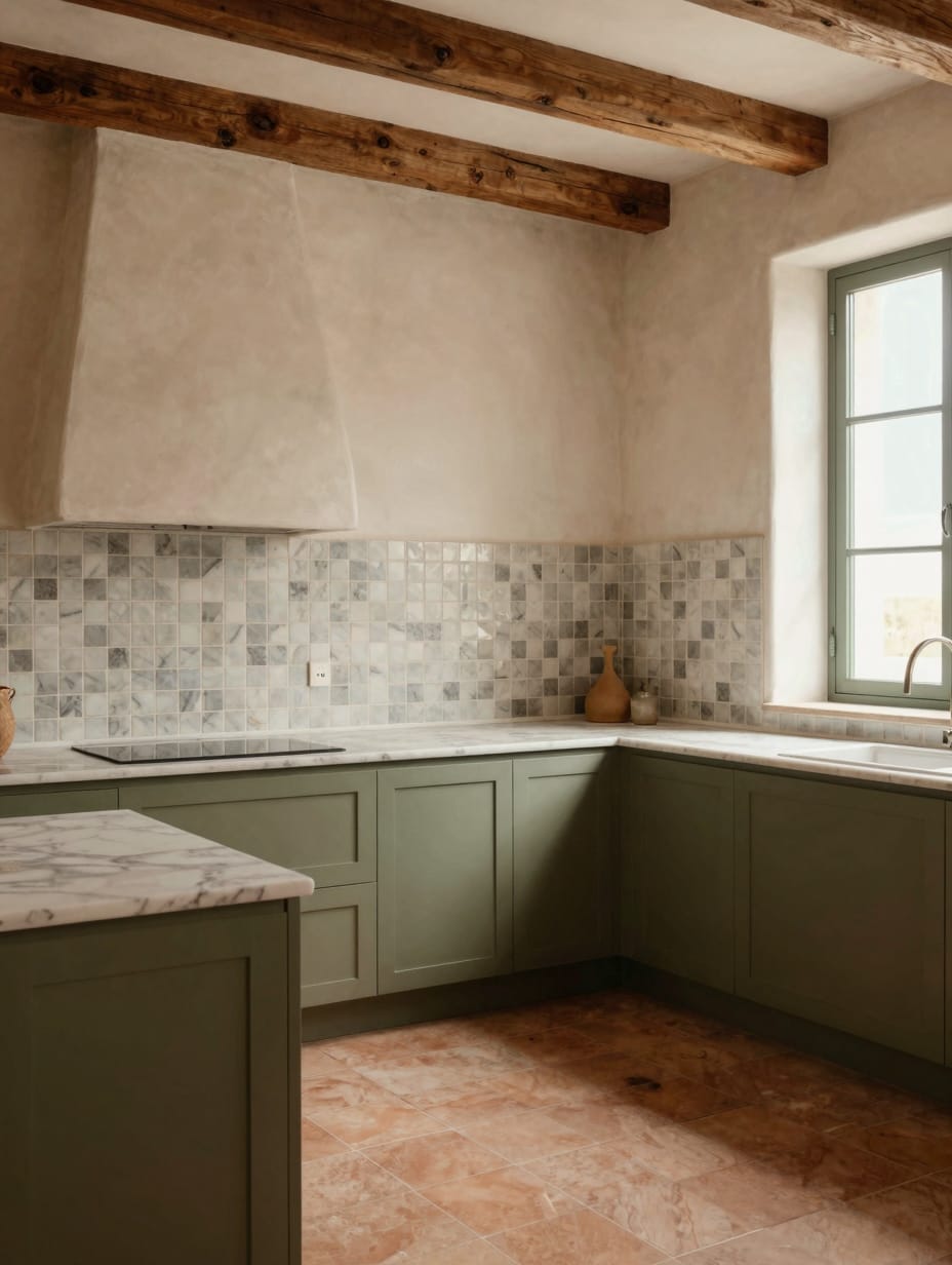A kitchen with terracotta floor tiles and olive green cabinets, featuring glazed ceramic pots of basil.