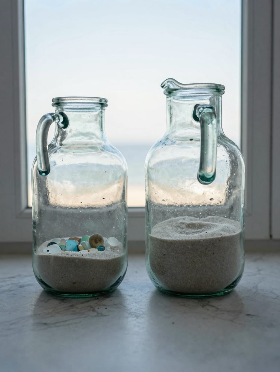 Large glass jugs filled with sand and shells on a light wood kitchen island.