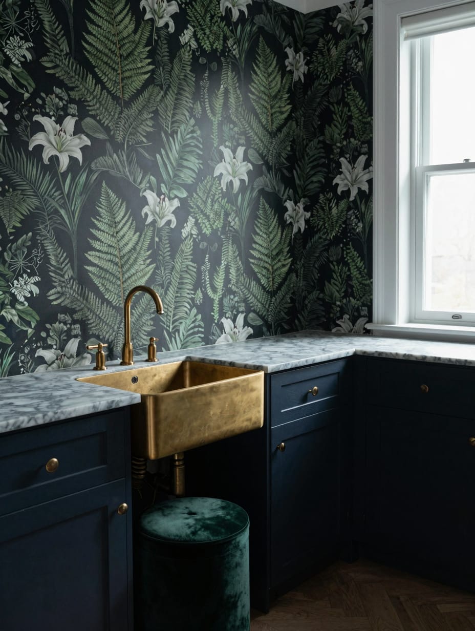 Dark navy wallpaper with large botanical floral prints in a laundry room.