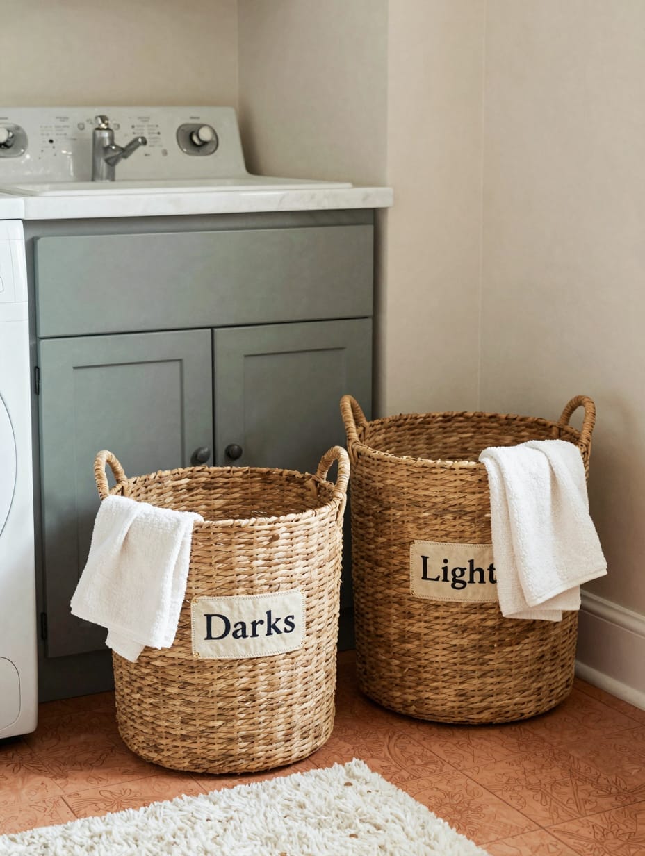Woven laundry baskets neatly sorting clothes in a chic laundry room remodel with natural light.
