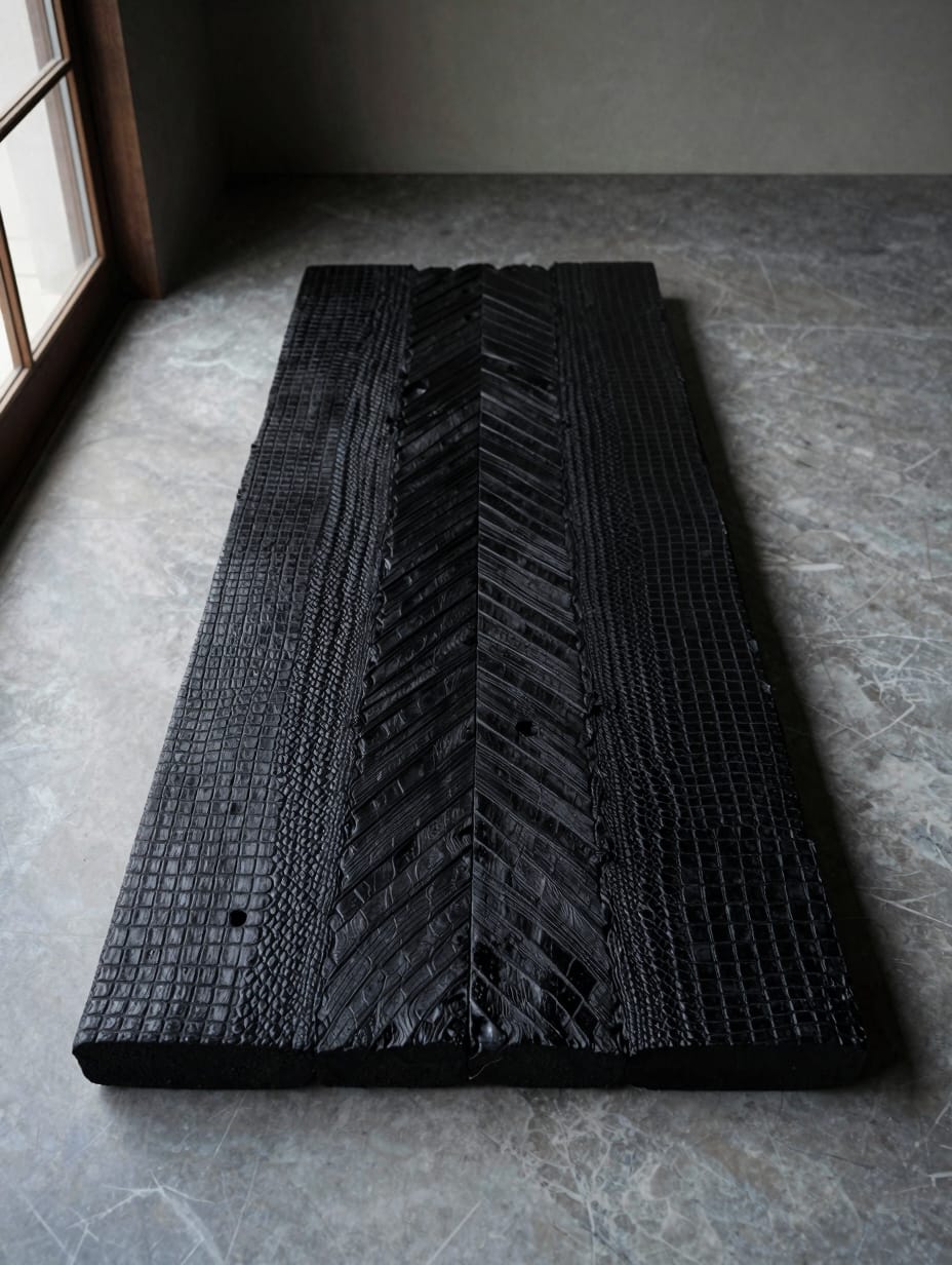 Living room wall designs featuring black charred Yakisugi wood planks with a textured crackle finish.