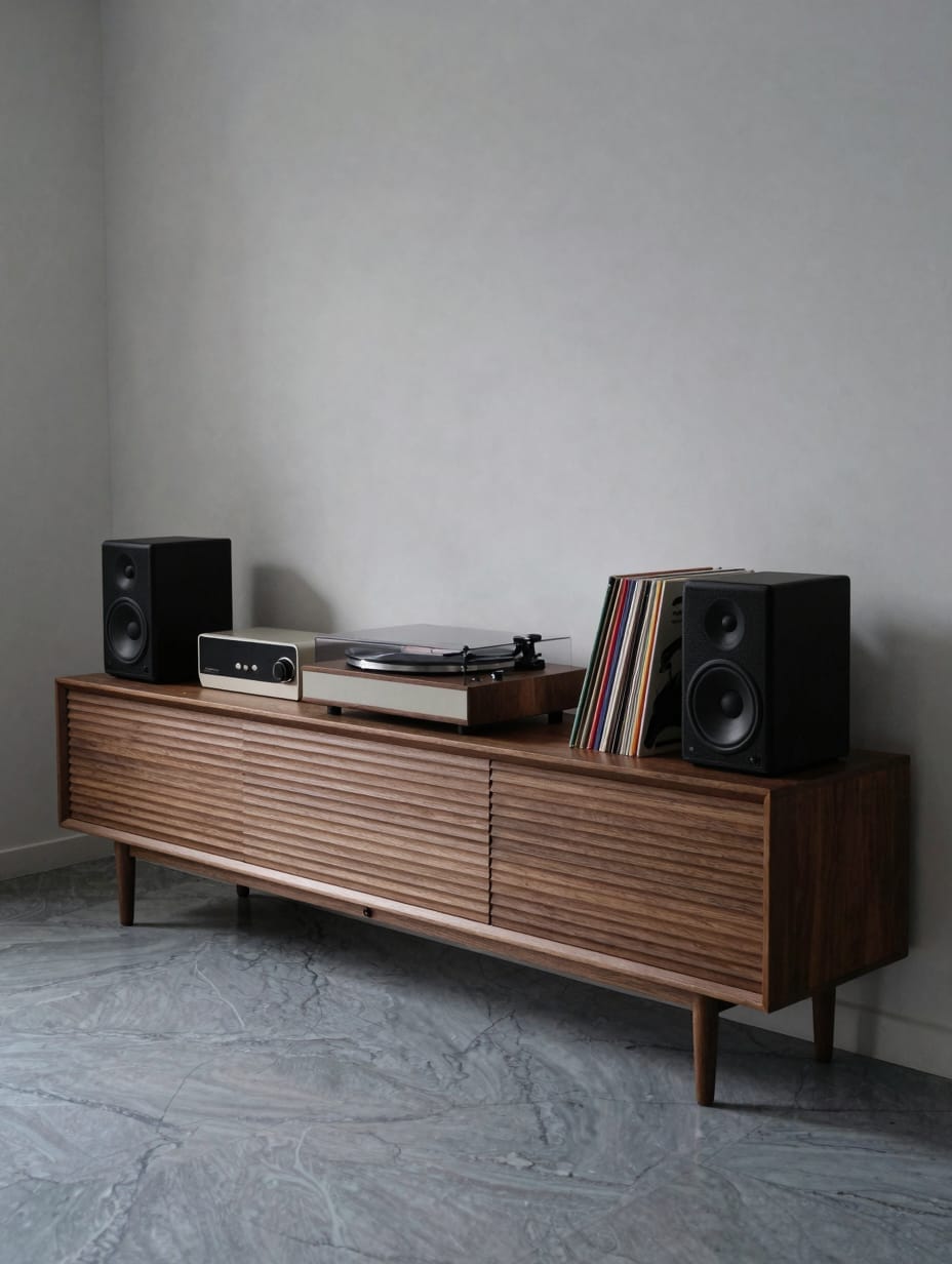 A low mahogany media console with sliding doors and tapered feet.
