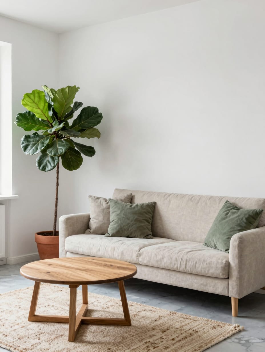 A minimalist living room decorated with subtle greens and earthy tones, incorporating plants and natural material accents.