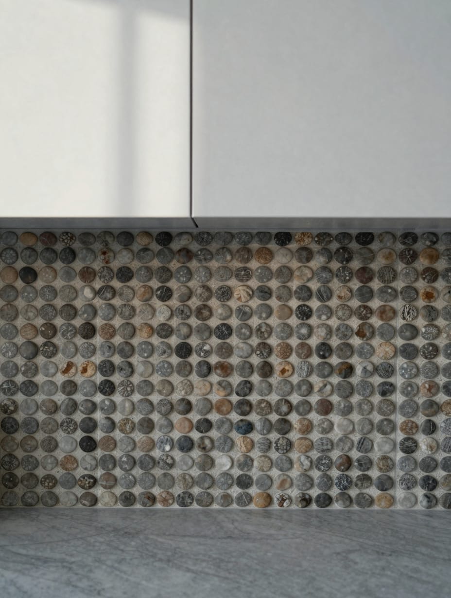 Kitchen backsplash made of small, smooth river pebbles creating a natural accent.