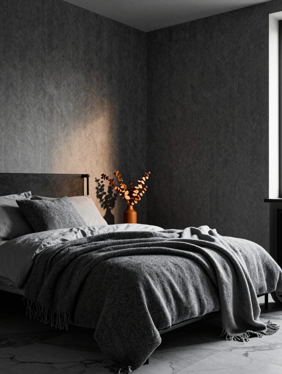 A serene bedroom featuring a tonal herringbone pattern on walls, bedding, and rug, creating a soft, textural look.
