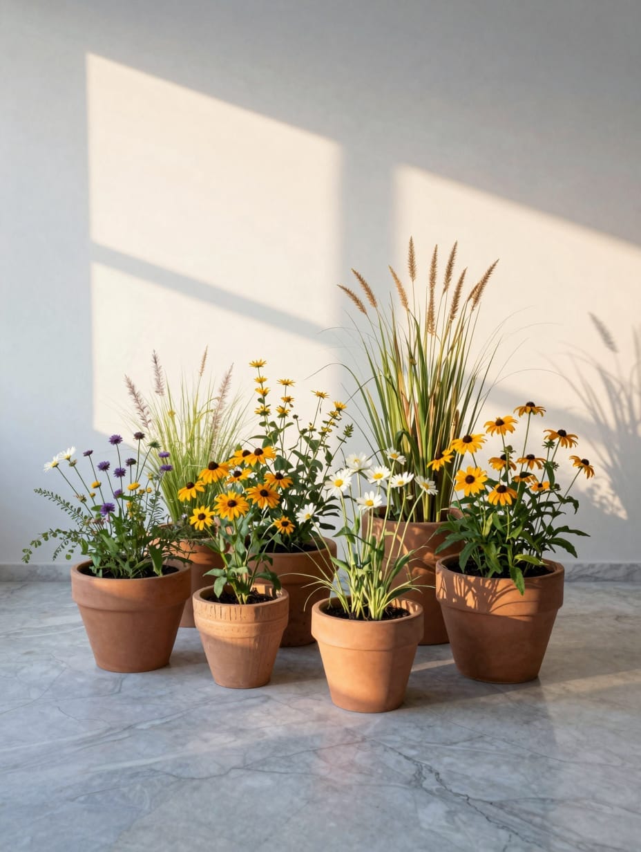 Earthy ceramic porch planter filled with various native wildflowers.