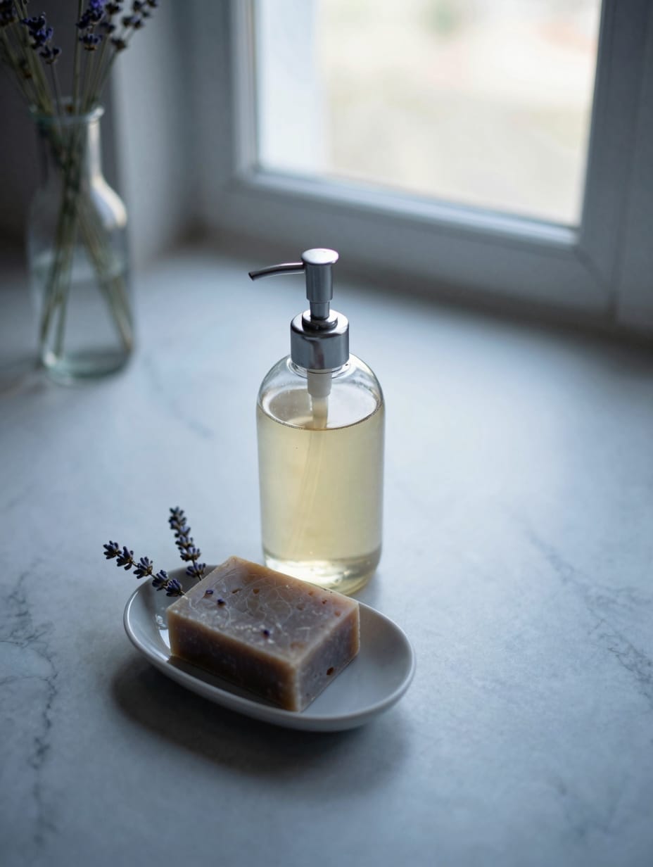 An elegant white ceramic soap dispenser and matching dish with a bar of soap on a vanity.
