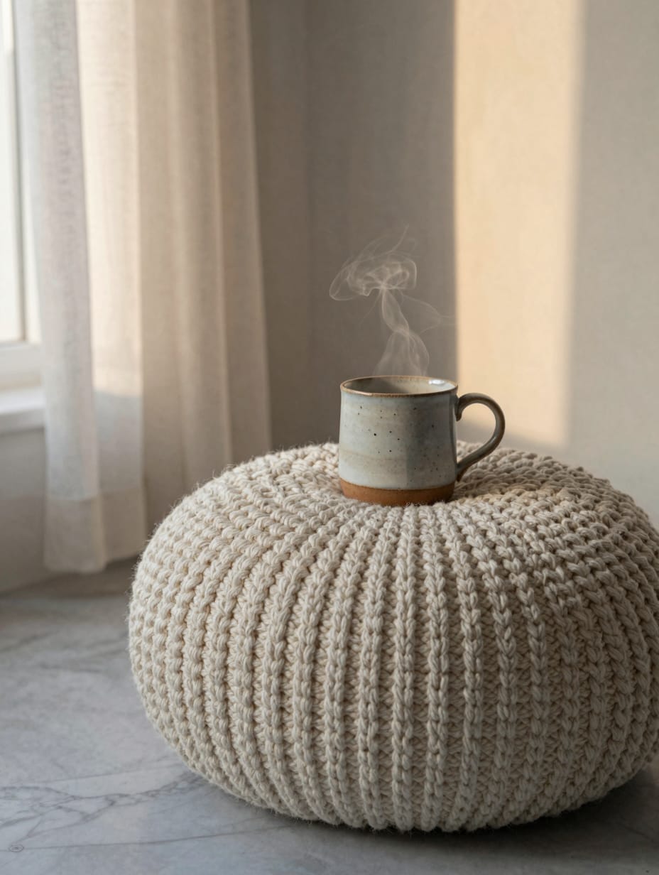 A collection of handmade pottery and a knitted wall hanging on a rustic wooden shelf, adding artisanal touches.