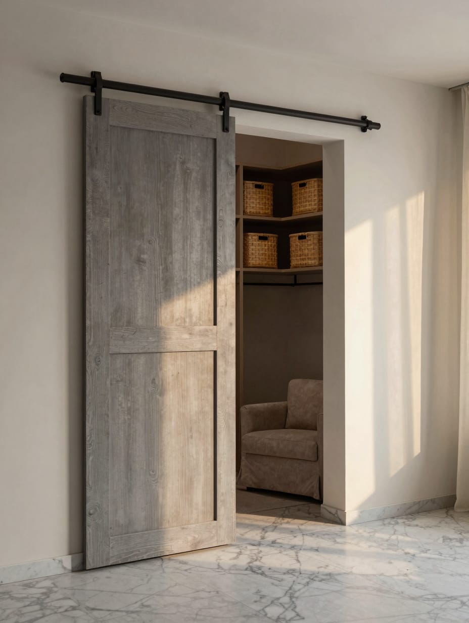 Light wood sliding barn door on a black metal track in a bedroom.
