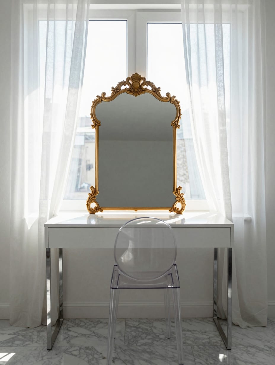 A small home office with a large round mirror reflecting light, white desk, and light-colored decor.