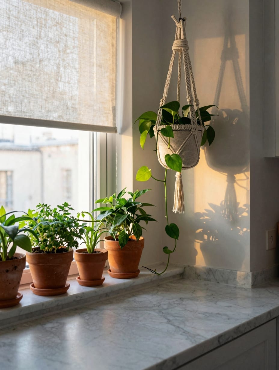 Small apartment living room with various houseplants, including a tall snake plant and potted succulents.