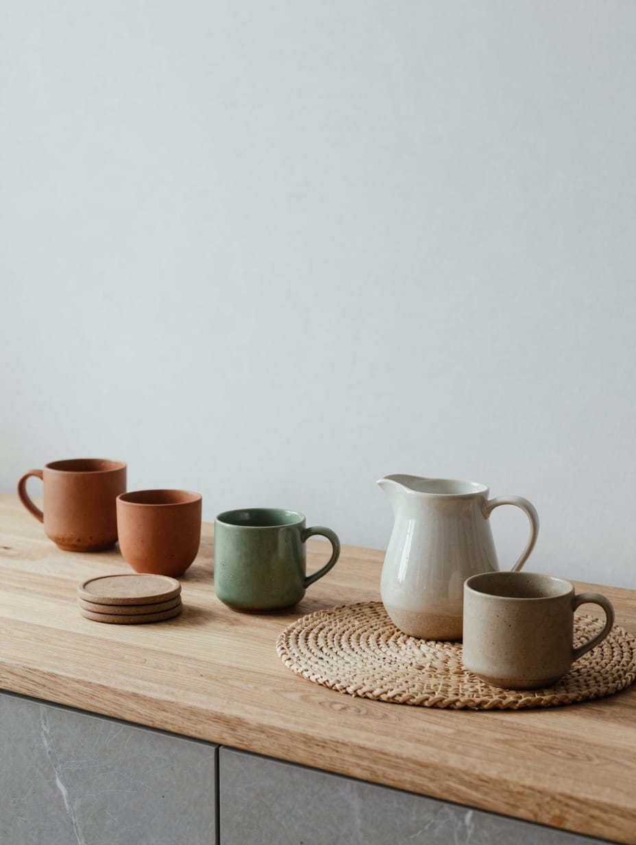 An earthy spring coffee bar with terracotta mugs, handcrafted ceramic containers, and a warm-toned linen fabric draped nea...