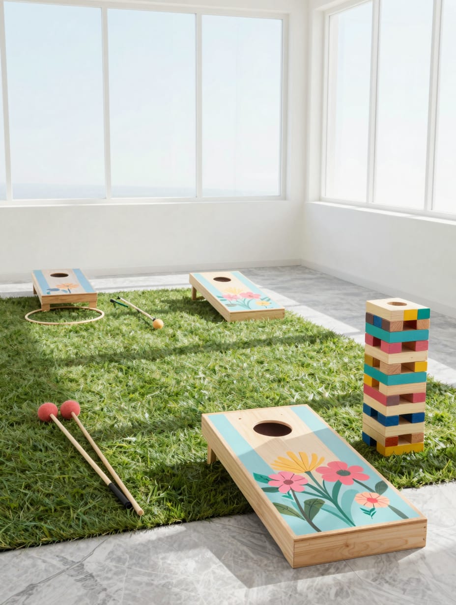 Guests playing giant Jenga and cornhole in a sunny garden, part of a playful lawn games area.