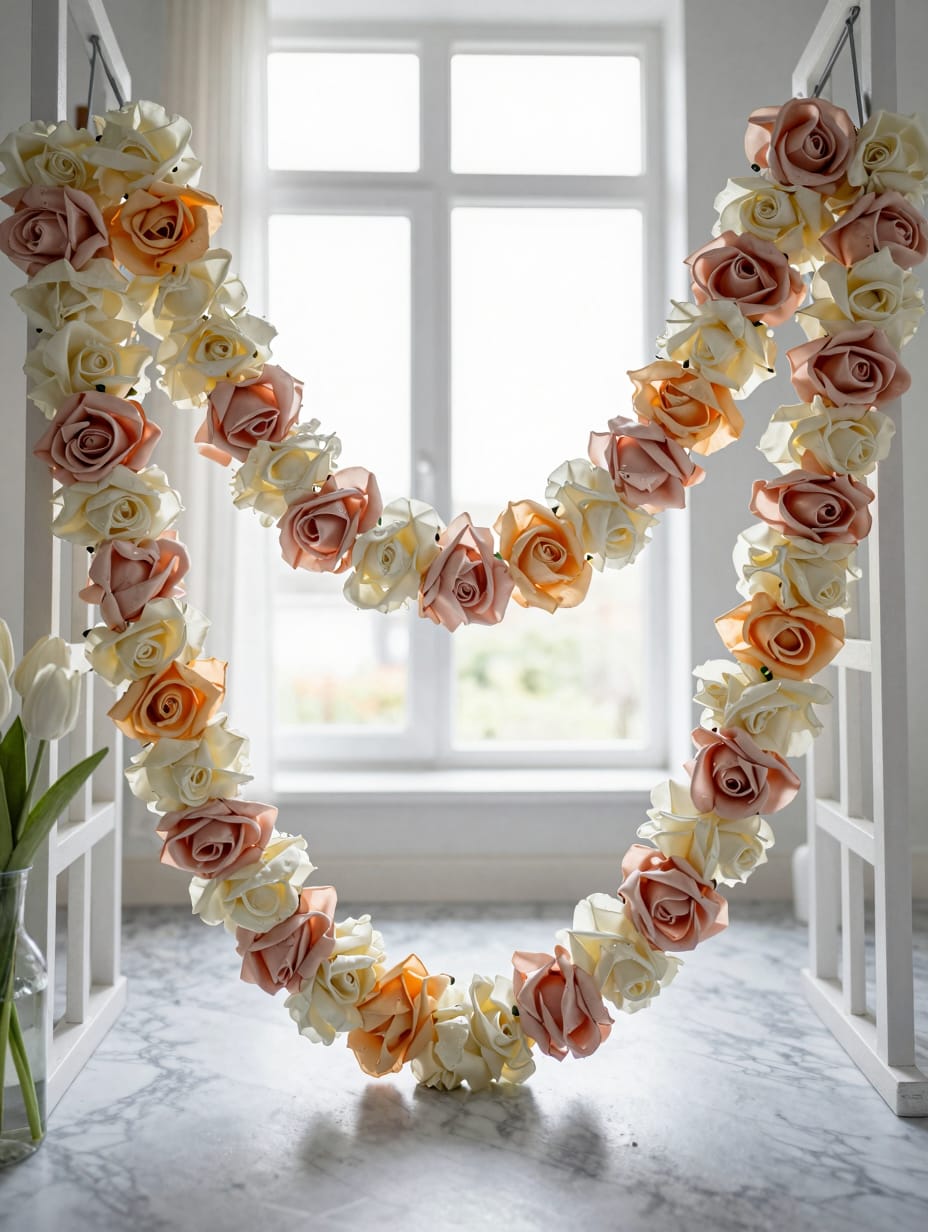 Wooden arch wrapped in thick green leaves and pink garden roses.