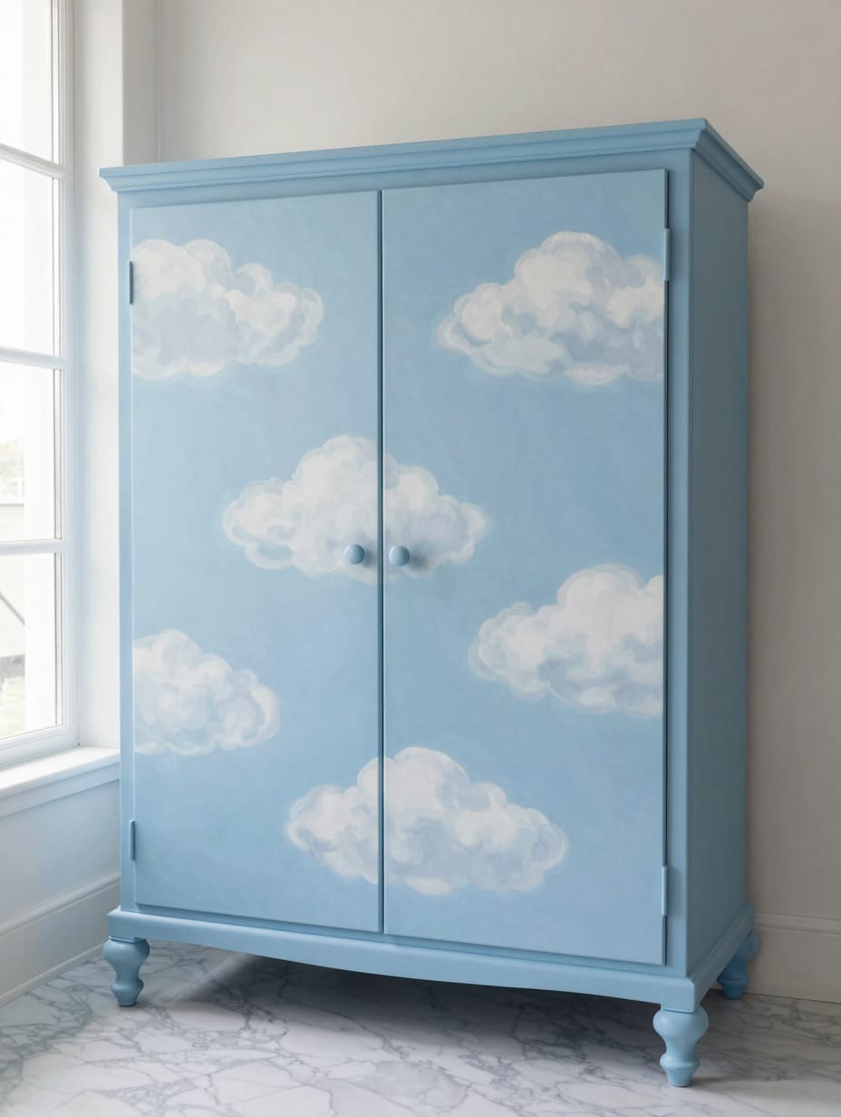 A large wooden armoire painted with a soft blue sky and fluffy white clouds, creating a cloudscape.
