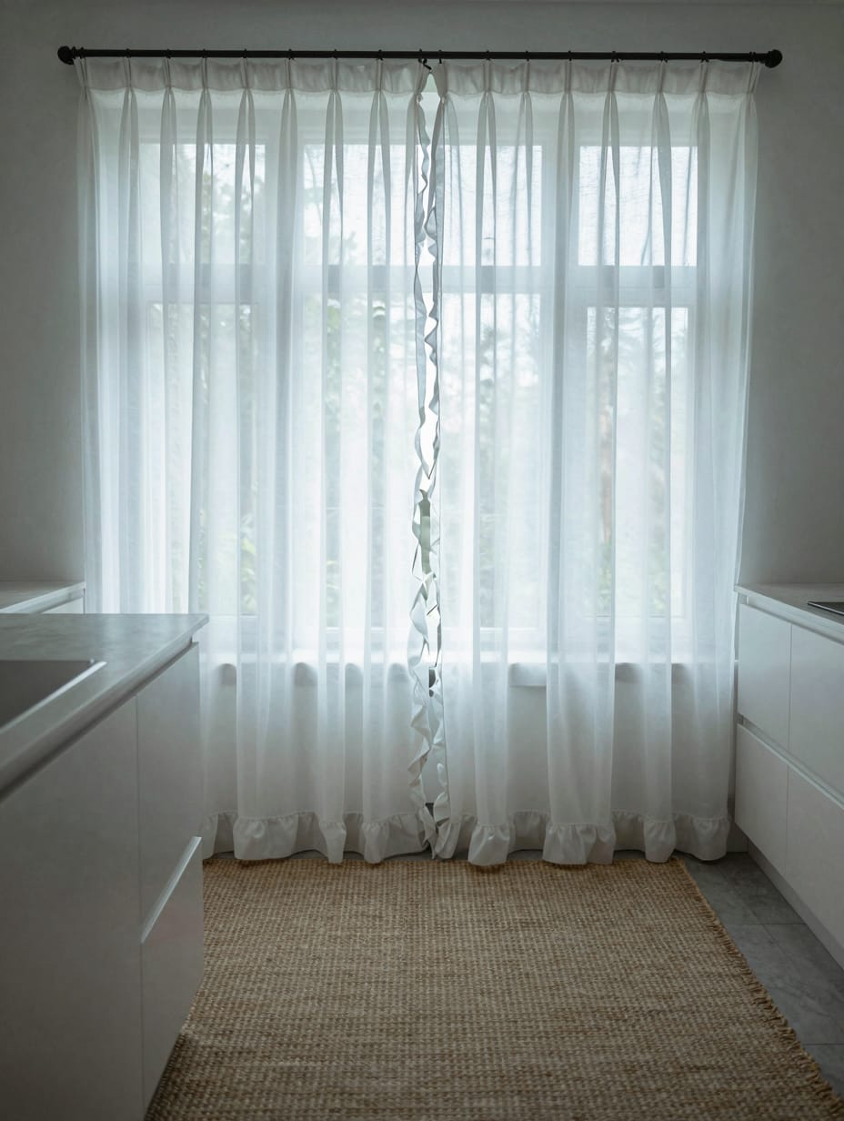 Kitchen window featuring soft white shabby chic ruffled tier curtains, romantic and cozy.