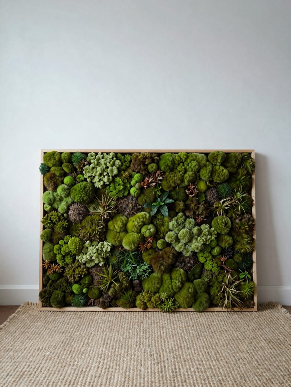 A square frame filled with vibrant green preserved moss hanging on a tiled bathroom wall.