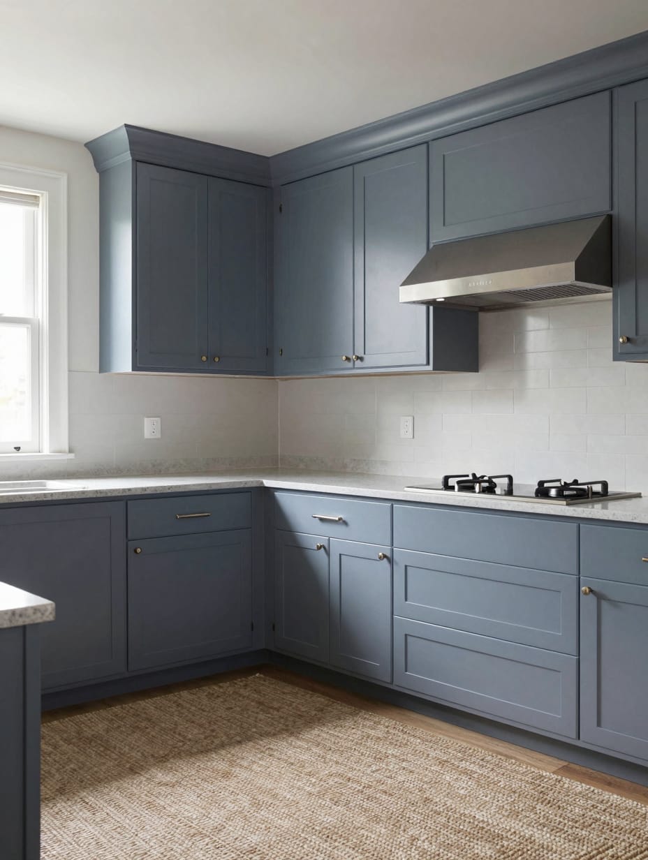 Contemporary kitchen with blue-gray cabinets and polished silver hardware.