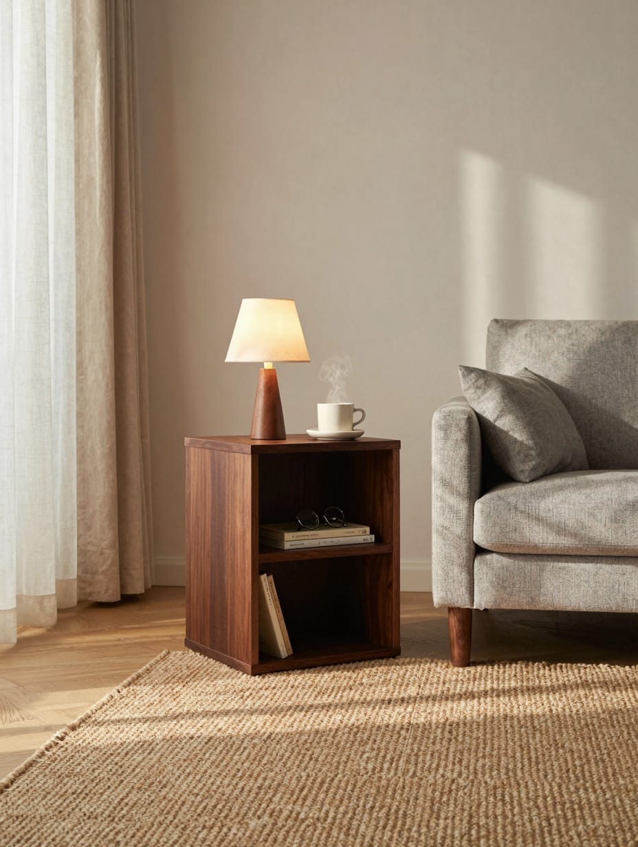 Dual-purpose bookshelf functioning as a side table next to a couch, filled with books and a warm drink.