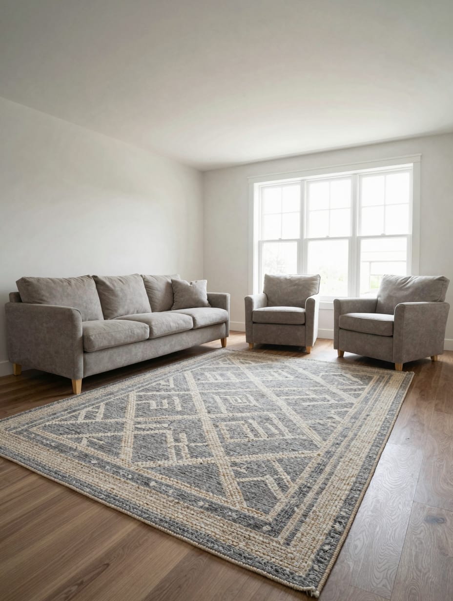 A large jute area rug under a modern sofa and coffee table.