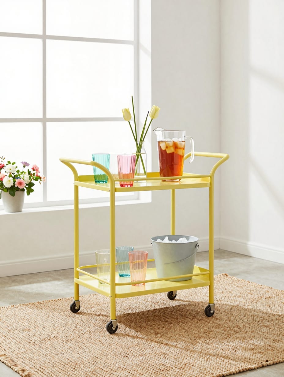A black metal two-tier rolling bar cart styled with glasses and drink bottles.