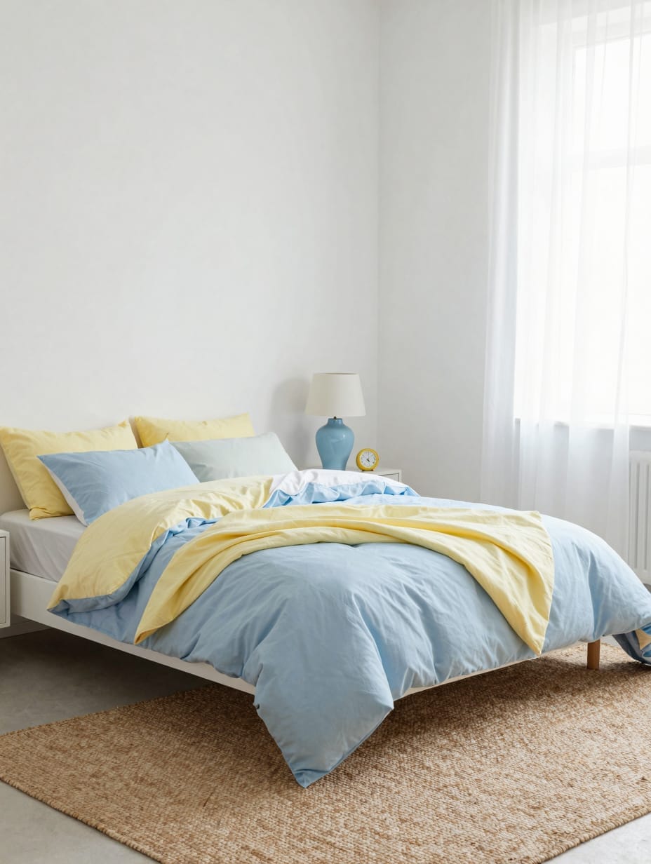 A serene bedroom with elements of sky blue and soft butter yellow in the decor.
