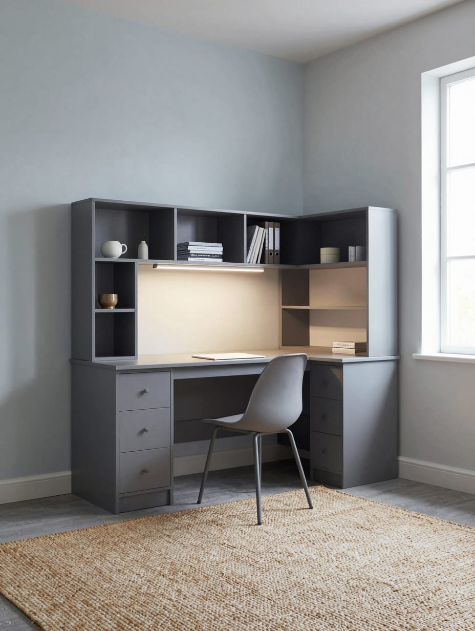 Corner desk with integrated shelving and drawers, demonstrating smart storage solutions.