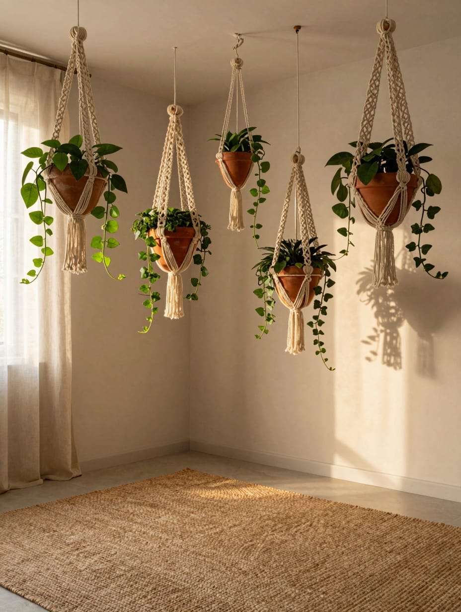 Potted fern plant suspended by an ethereal natural cotton macramé hanger.