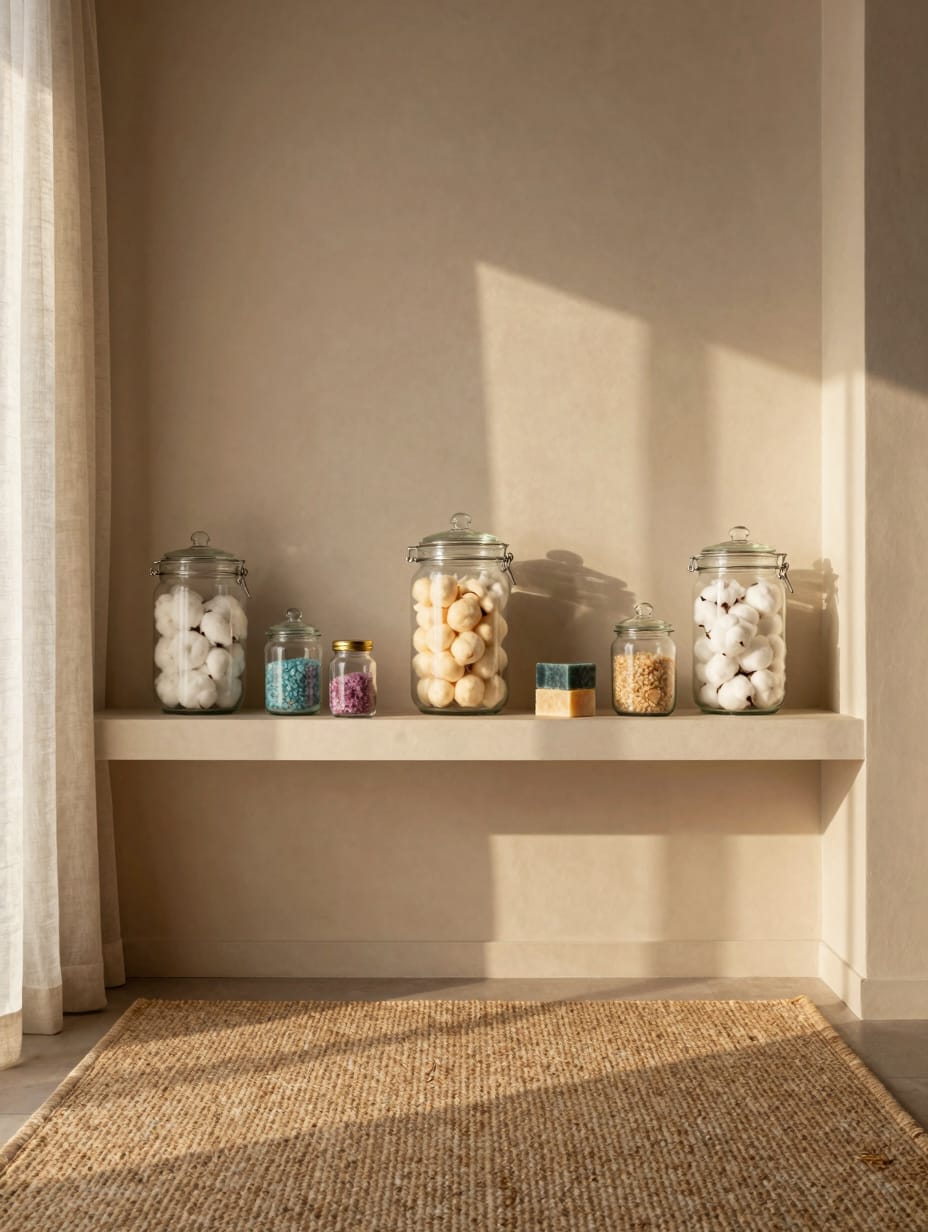 Three clear glass apothecary jars filled with cotton balls and bath salts on a vanity.