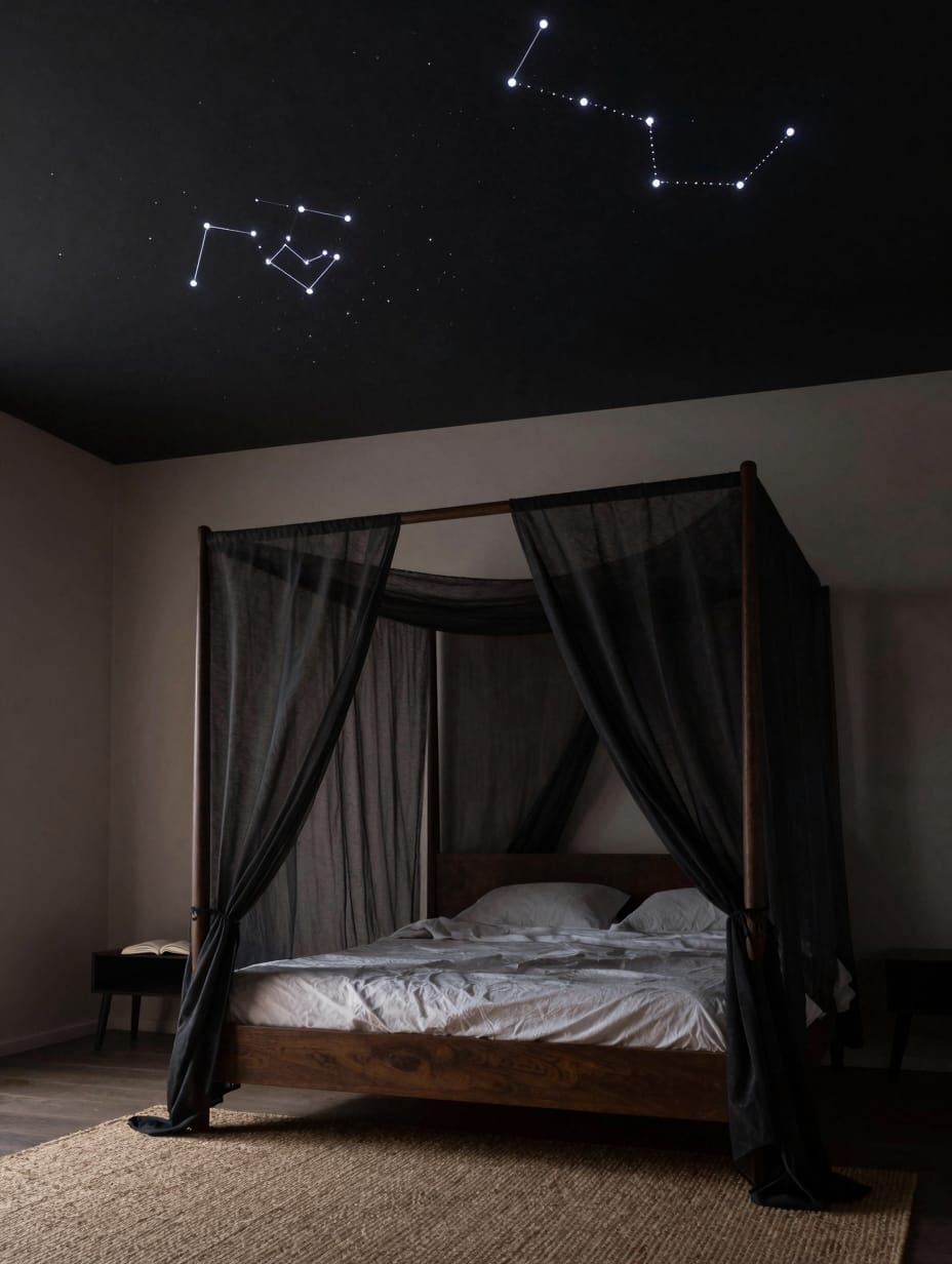 Dark bedroom with a dark painted ceiling featuring subtle star decals, and a vintage telescope.