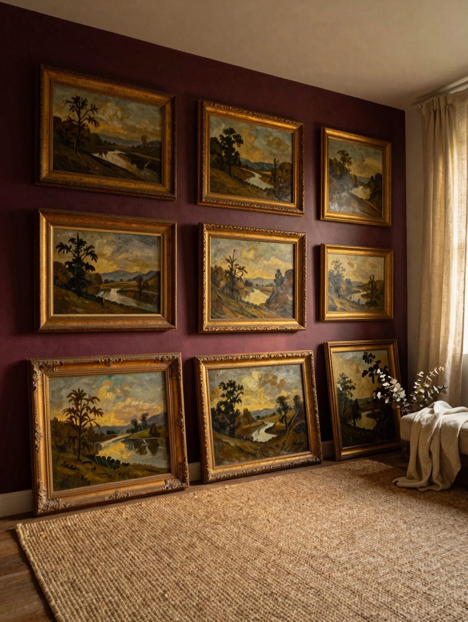 A gallery wall featuring various ornate gold frames with vintage art on a dark charcoal wall.