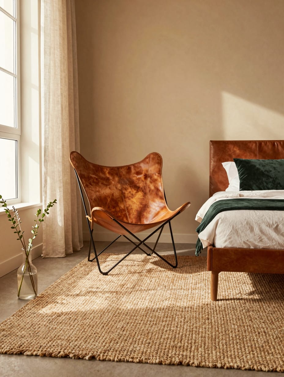 Vintage leather armchair and linen bedding in an earthy tones bedroom.