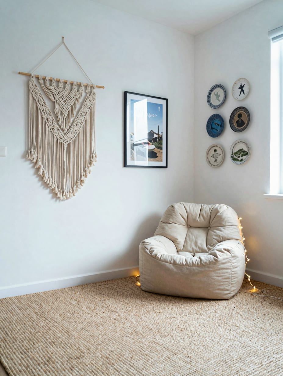 Eclectic living room wall adorned with whimsical decor including woven art and framed curiosities.