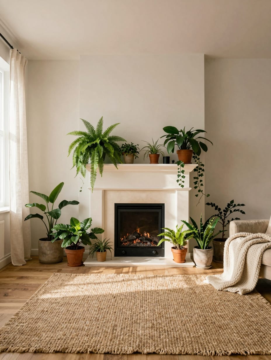 A dormant fireplace hearth filled with birch logs and twinkling fairy lights for decoration.