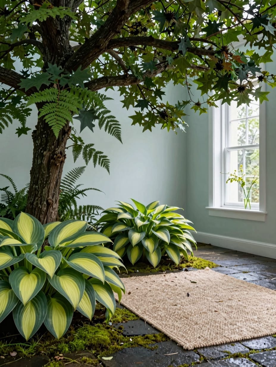 Lush shade garden with large green hostas and tall feathery ferns under a large tree.