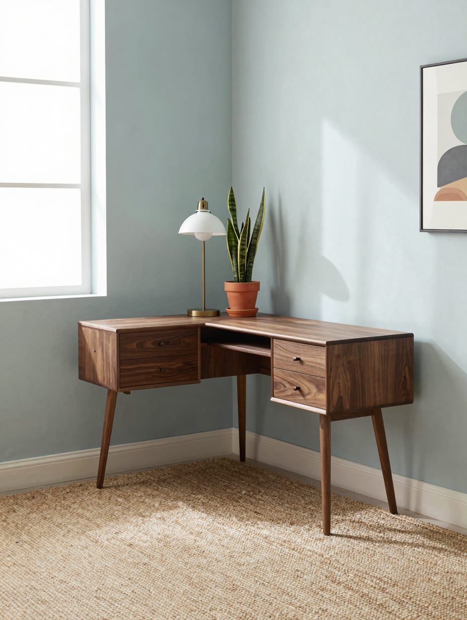 Mid-century modern corner desk with warm wooden tones, tapered legs, and a classic desk lamp.