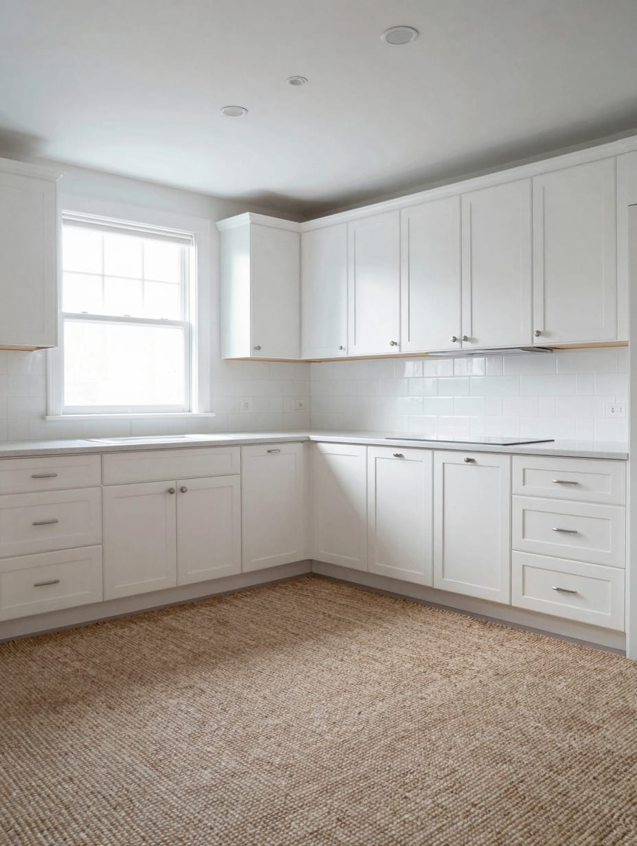 Modern all-white kitchen with bright white cabinets and stainless steel appliances