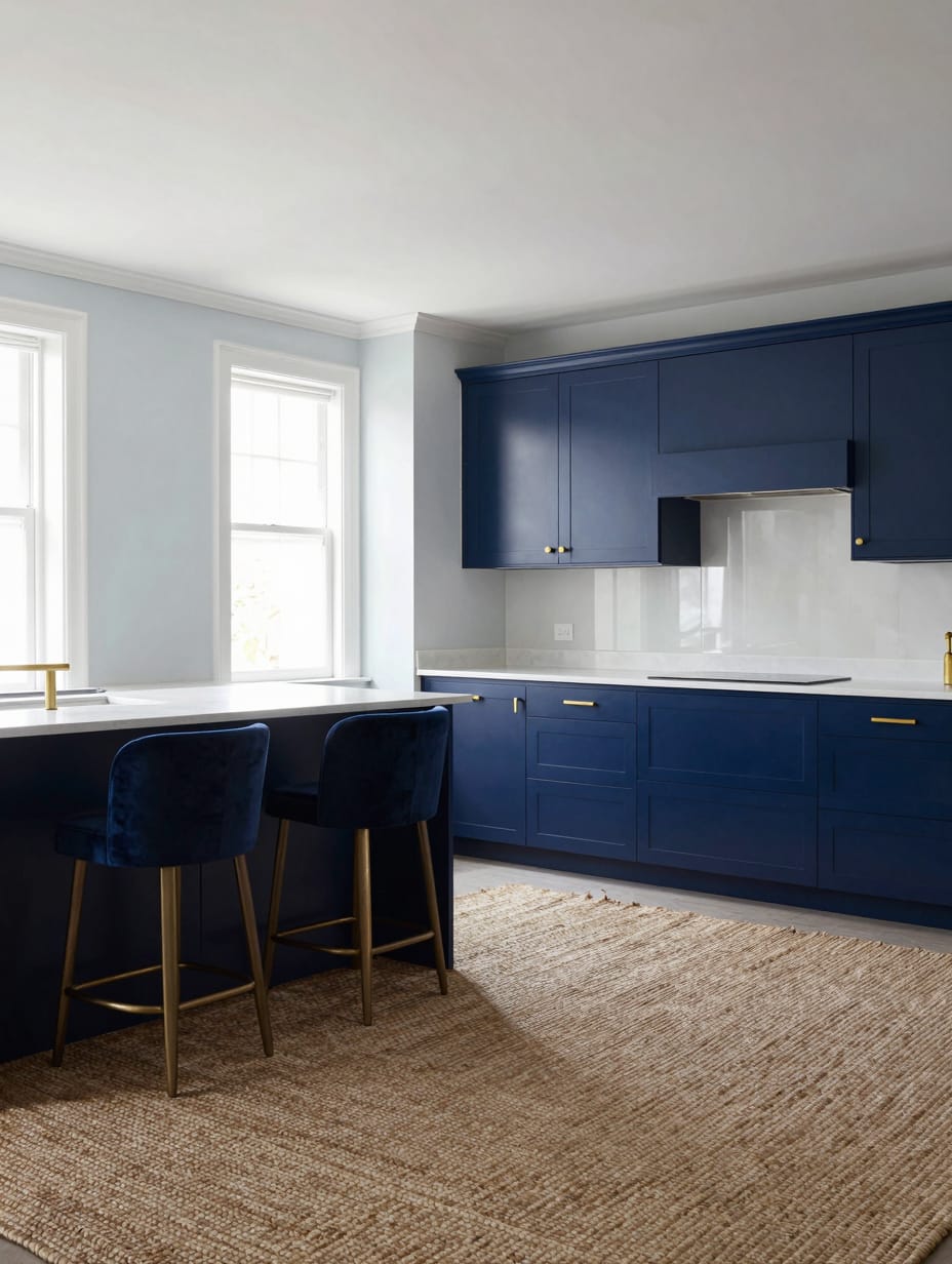 A luxurious kitchen with deep sapphire blue cabinets and rich gold hardware, featuring a gold faucet.