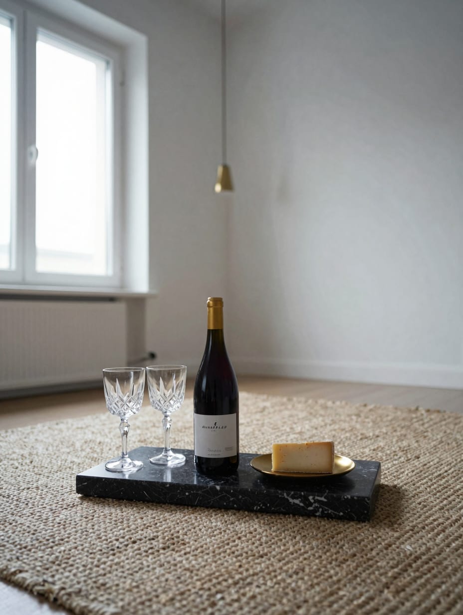 A slate cheese board with wine glasses and a decanter on a kitchen island.