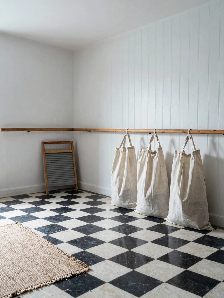 White beadboard wall paneling in a bright farmhouse style laundry room.