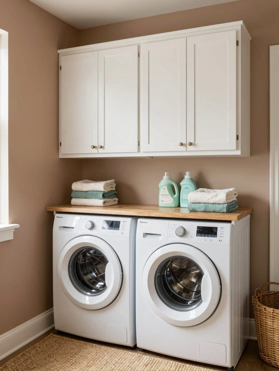 White budget-friendly cabinets installed above a washer and dryer, showcasing smart overhead storage in a compact laundry ...
