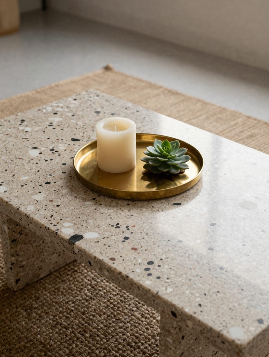 A round side table with a colorful terrazzo stone top and metal legs.