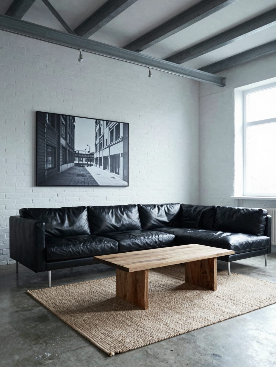 A modern minimalist living room with an industrial edge, featuring exposed brick, metal accents, and simple furniture.